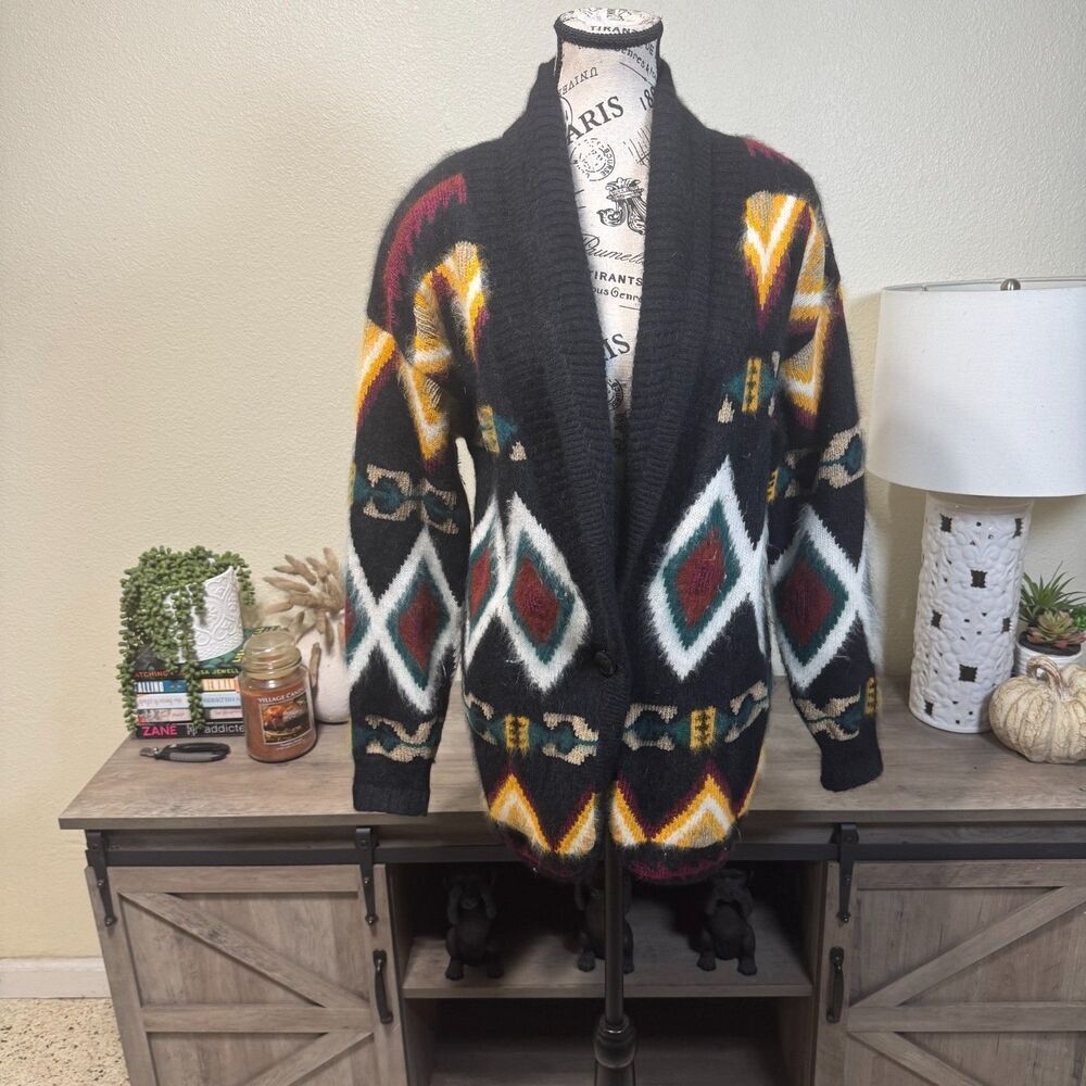 Vintage Rafaella Women's Fuzzy Cardigan Angora/Lambswool Aztec Sz S Oversized
